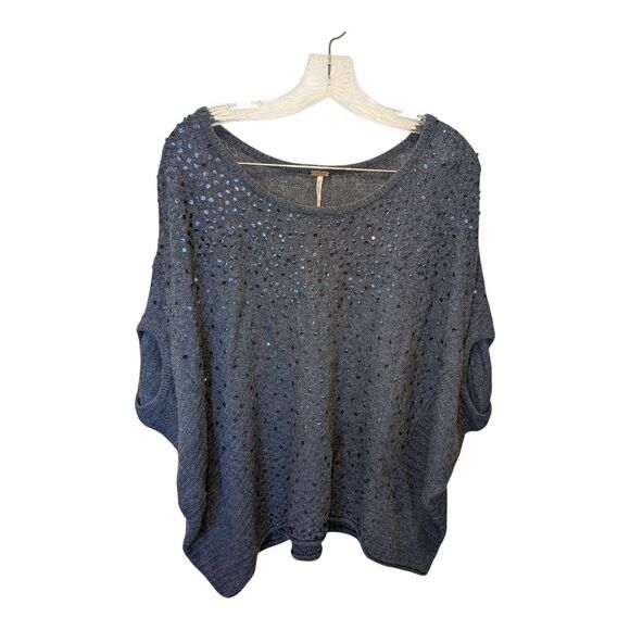Free People Navy Sequins Boxy Batwing Sweater Poncho S Shimmer Boho Fall Winter - Picture 1 of 8